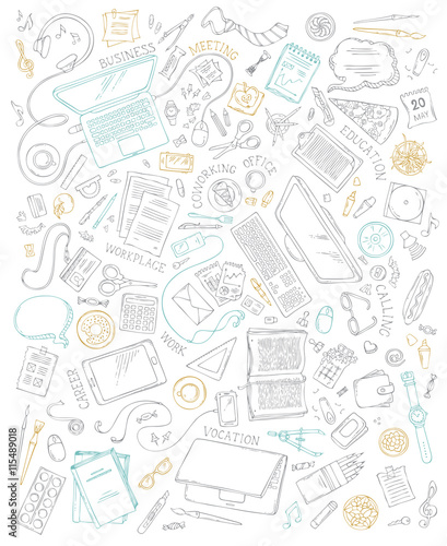Set of office supplies and gadgets isolated on white background.