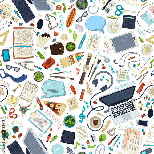 Seamless pattern of gadgets and office supplies.