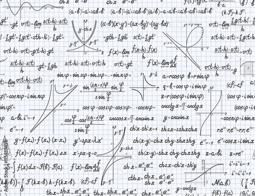 Mathematical vector seamless pattern background with formulas, equations and figures, handwritten in a squared sheet of notebook