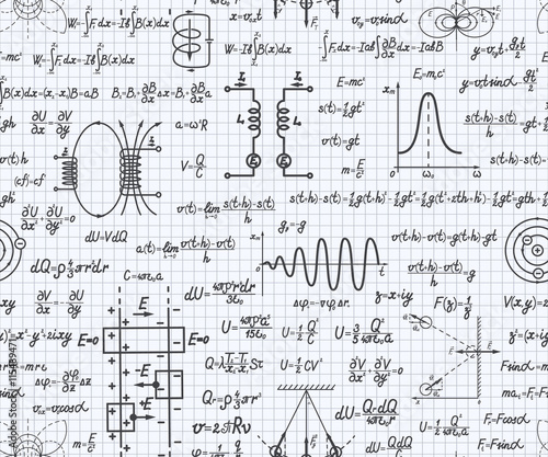 Physical vector seamless pattern with formulas, equations and figures, handwritten on a squared sheet of notebook