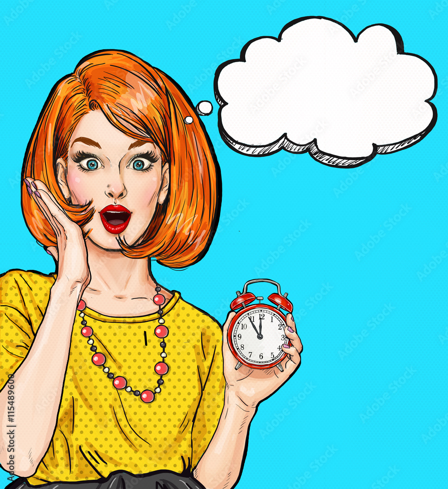 Surprised Pop Art Girl With Clock With Thought Bubble Party Invitation 