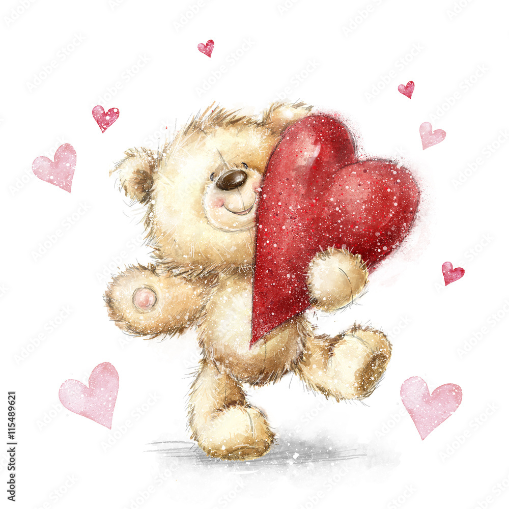 Teddy bear with the big red heart.Valentines greeting card. Love ...