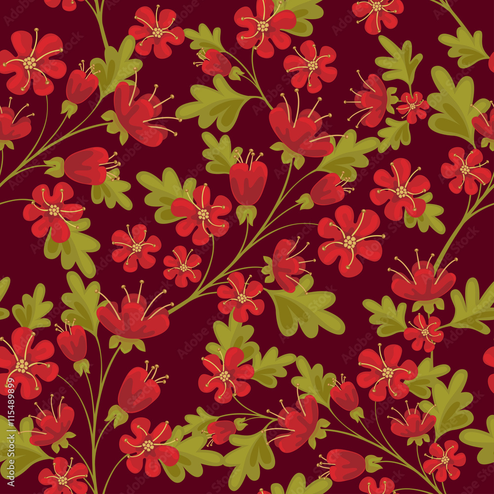 Seamless ditsy. Floral pattern. Flowers background. Vector illustration. Red flowers on a dark background. Summer ornament.