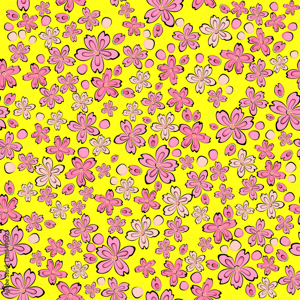 Naklejka premium Seamless ditsy print. Floral pattern. Flowers background. Vector illustration. Small pink flowers on a yellow background.