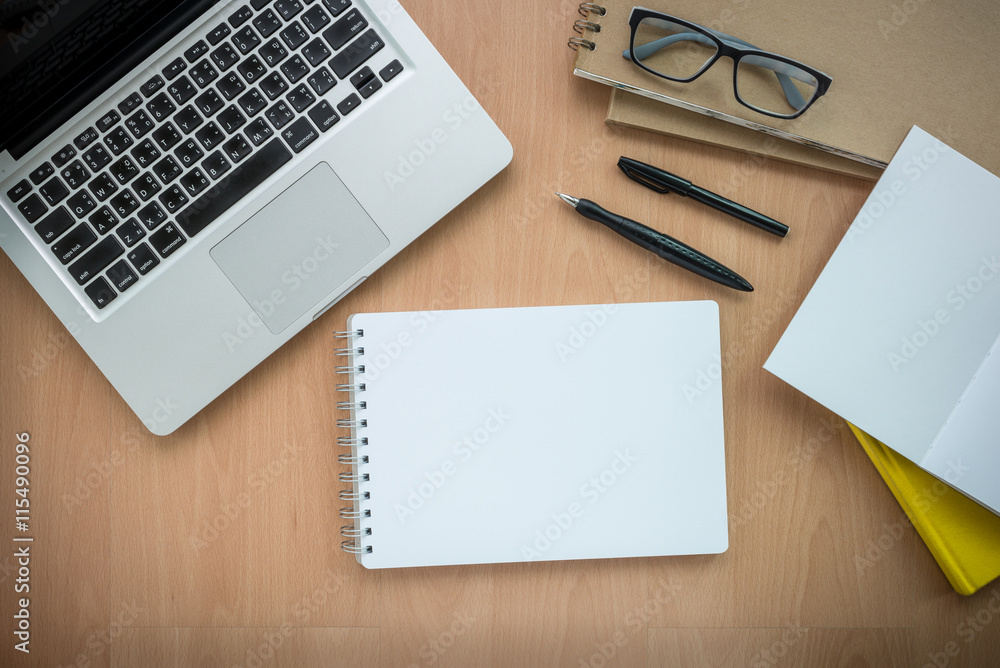 High angle view of a setting table of business workplace, shot in office, home work space High angle view of a setting table of business workplace, shot in office, home work space