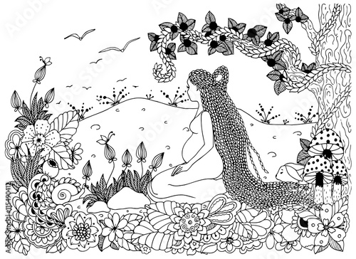 Vector illustration Zen Tangle, a pregnant woman sitting in flowers. Doodle drawing. Coloring book anti stress for adults. Black and white.