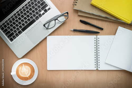 High angle view of a setting table of business workplace, shot in office, home work space