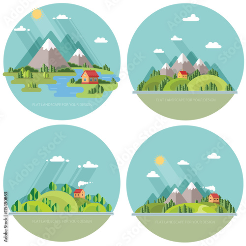 summer landscape set. Houses in the mountains among the trees,