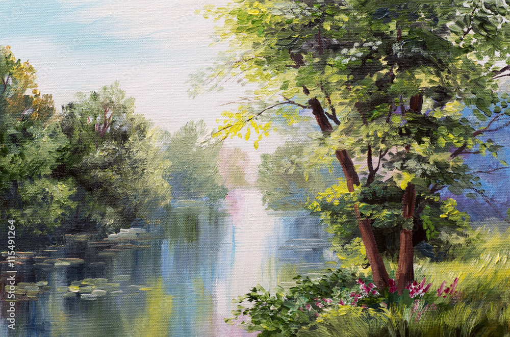 Fototapeta premium Oil painting landscape - lake in the forest, summer day