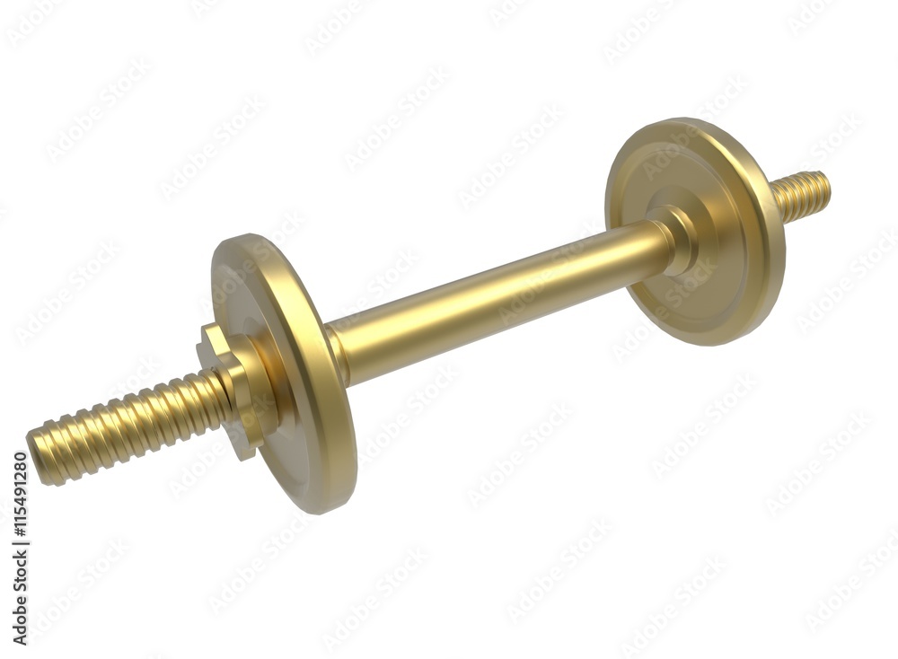 Fototapeta premium 3d illustration of dumbbell. icon for game web. white background isolated. thing for weightlifting. metal color