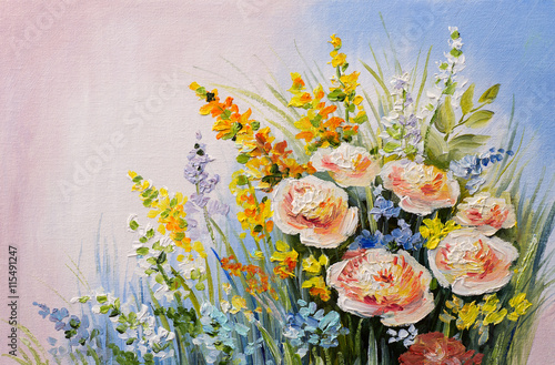 oil painting - abstract bouquet of summer flowers, colorful watercolor