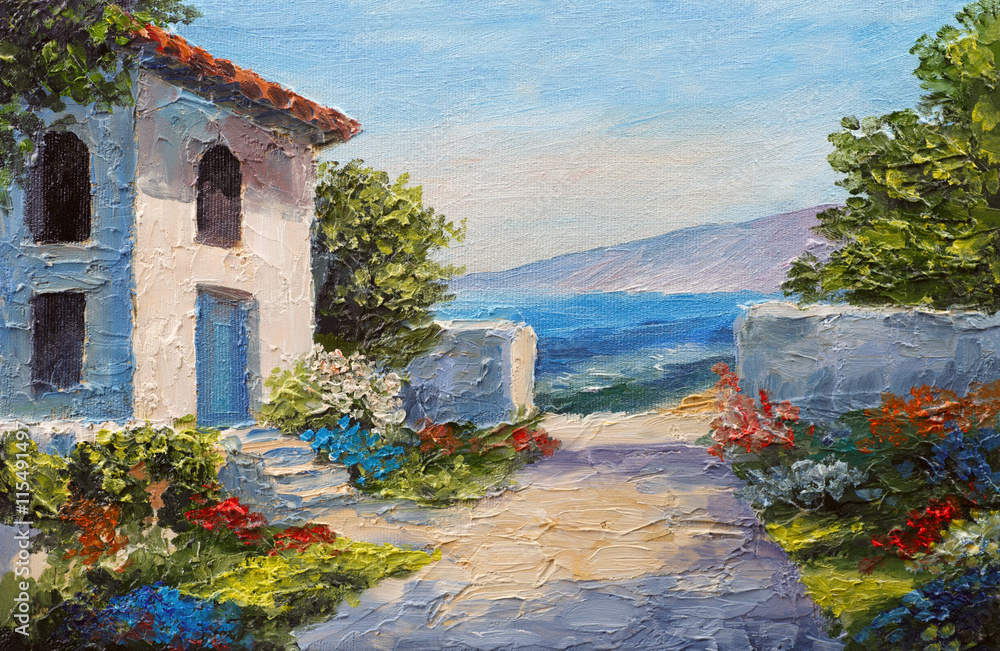Fototapeta premium oil painting - house near the sea, colorful flowers, summer seascape