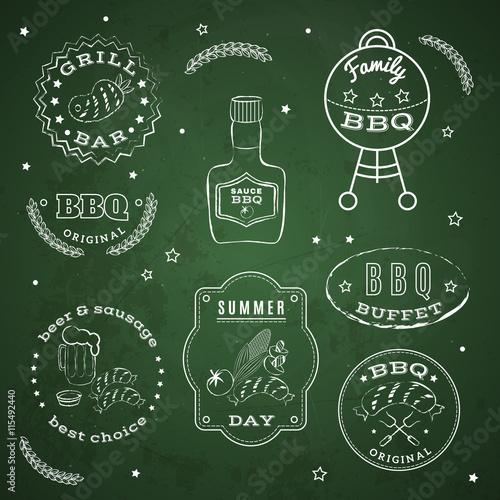 Barbeque set on a green chalkboard background. Vector illustration EPS 10.