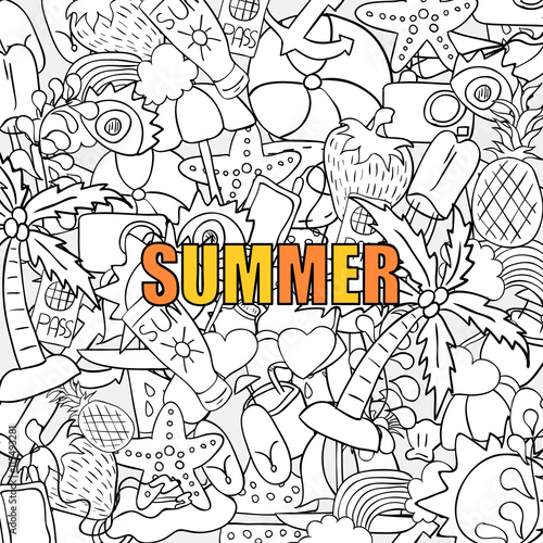 Summer beach hand drawn vector symbols and objects background, d