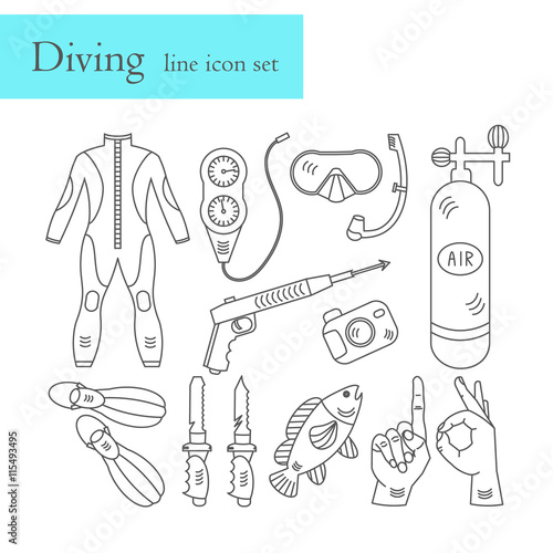 Vector line icons with diving equipment.