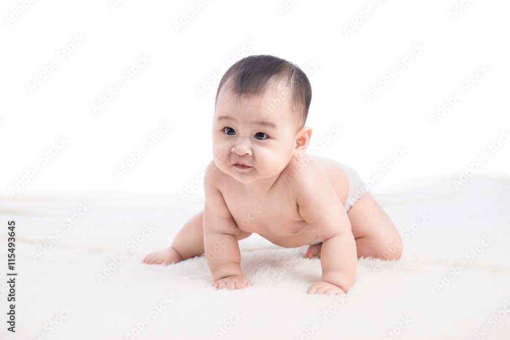 Funny crawling baby girl isolated on white background Funny crawling baby girl isolated on white background