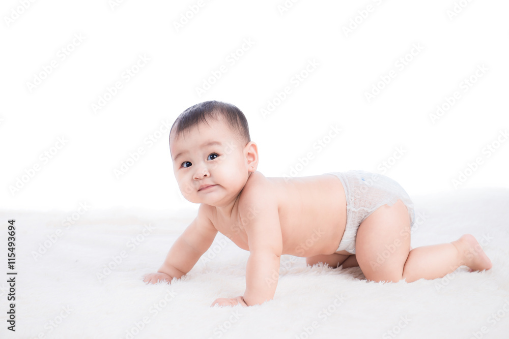 Funny crawling baby girl isolated on white background Funny crawling baby girl isolated on white background