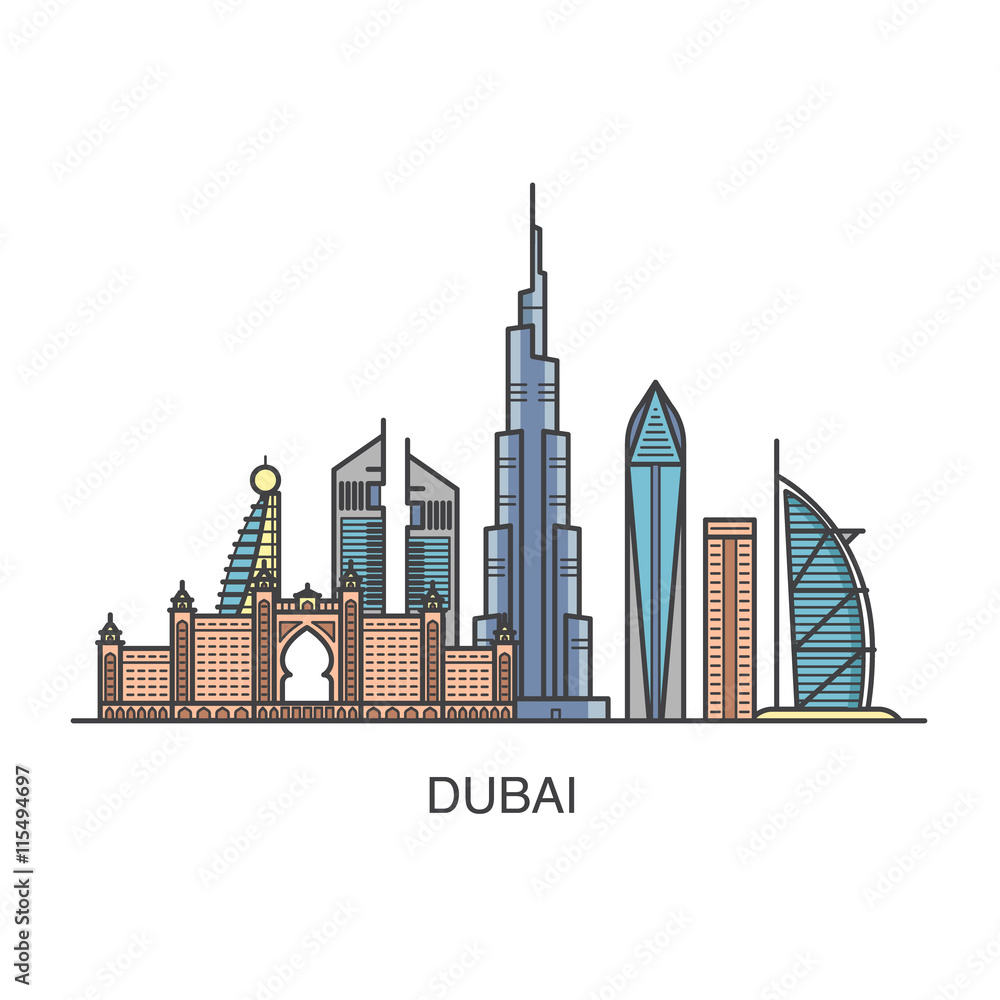 Colored illustration of Dubai city with all famous towers: Burj Khalifa, Burj Al Arab, Emirates Towers.