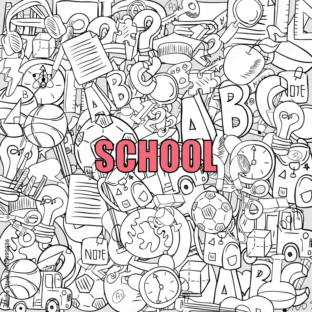 School objects on background, drawing by hand vector