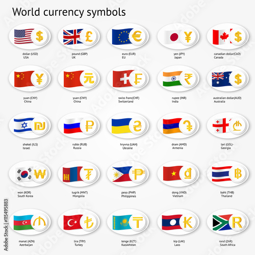 World currency symbols icon set. Money sign icons with national flags.