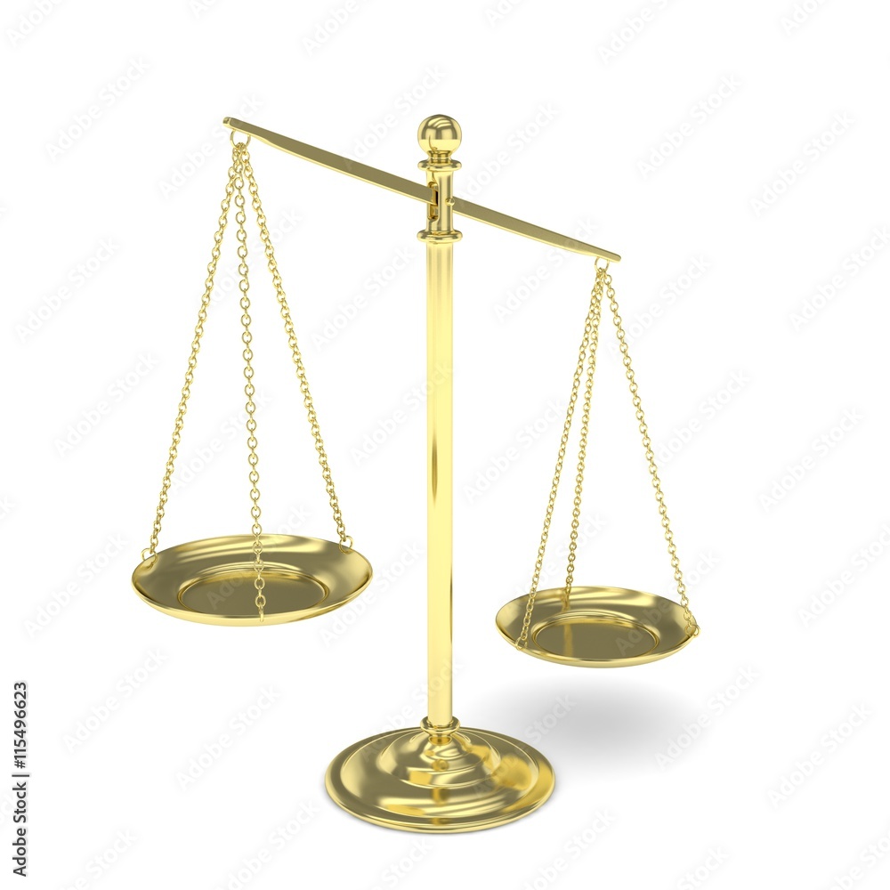 Isolated white golden scales on white background. Symbol of judgement. Law, measurement, liberty in one concept. 3D rendering. Isolated white golden scales on white background. Symbol of judgement. Law, measurement, liberty in one concept. 3D rendering.
