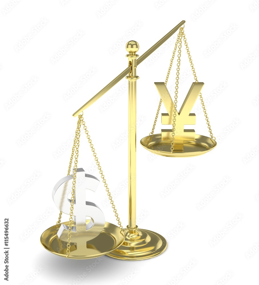 Isolated old fashioned pan scale with dollar and yuan,yen on white background. American and chinese and japanese currency. Dollar is heavier. Silver usd, golden yuan. 3D rendering. Isolated old fashioned pan scale with dollar and yuan,yen on white background. American and chinese and japanese currency. Dollar is heavier. Silver usd, golden yuan. 3D rendering.