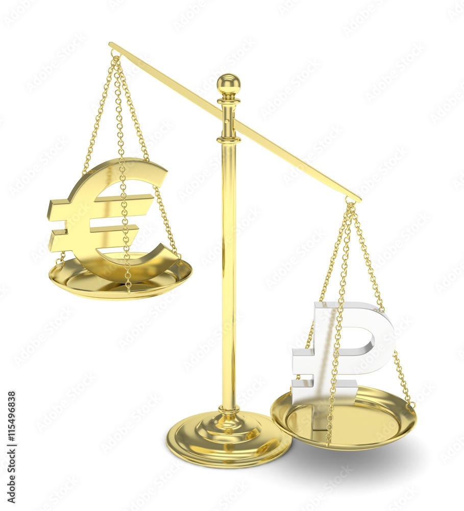 Isolated golden scales with golden euro and silver ruble currency. Russian and european finance. Measuring of market stability. 3D rendering. Isolated golden scales with golden euro and silver ruble currency. Russian and european finance. Measuring of market stability. 3D rendering.