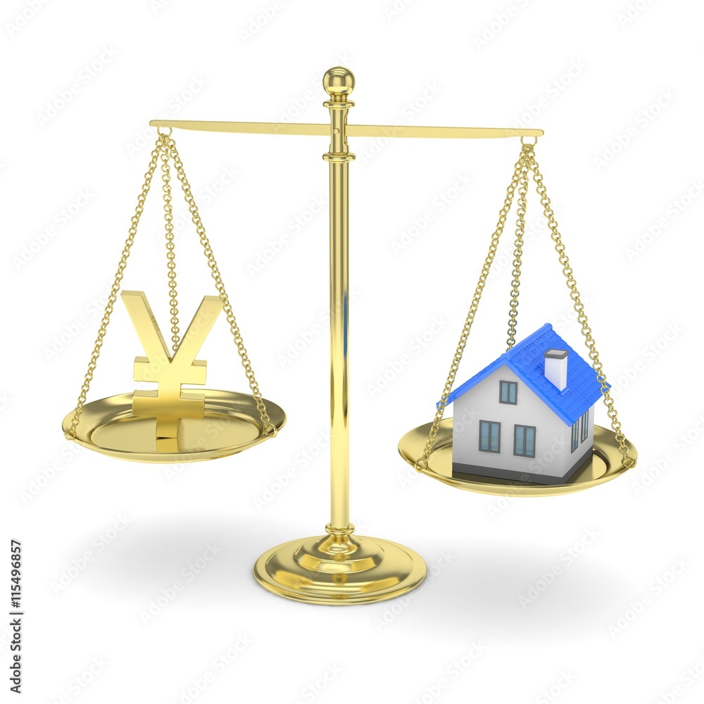 Isolated golden scales with golden yuan and house on white background. Investment or savings concept. Real estate and currency. 3D rendering. Isolated golden scales with golden yuan and house on white background. Investment or savings concept. Real estate and currency. 3D rendering.