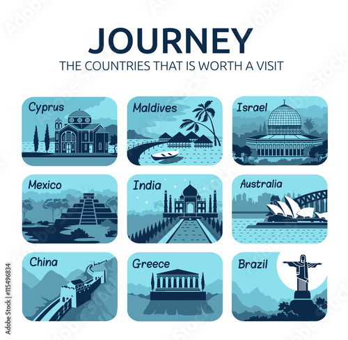 Set of flat travel icons with different countries.