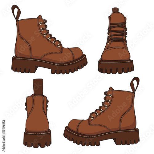 Vector set of drawings with brown boots. Isolated objects on a white background. 
