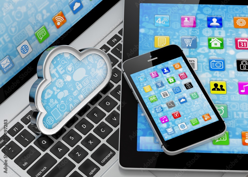 laptop, tablet pc, smart phone and cloud. 3d rendering. laptop, tablet pc, smart phone and cloud. 3d rendering.