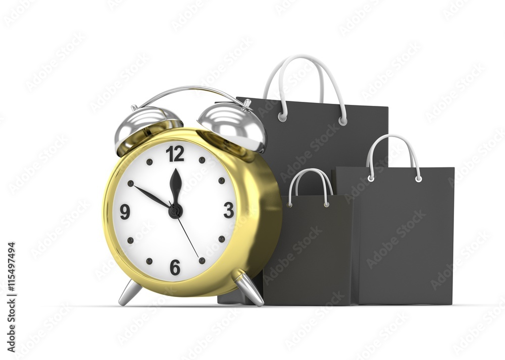 alarm clock and shopping bag (time to buy concept). 3d rendering.