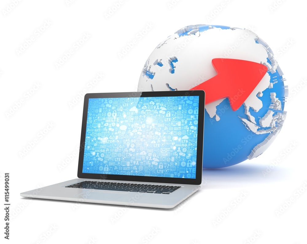Laptop network and earth globe. 3d render Laptop network and earth globe. 3d render