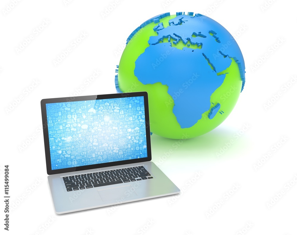 Laptop network and earth globe. 3d render Laptop network and earth globe. 3d render