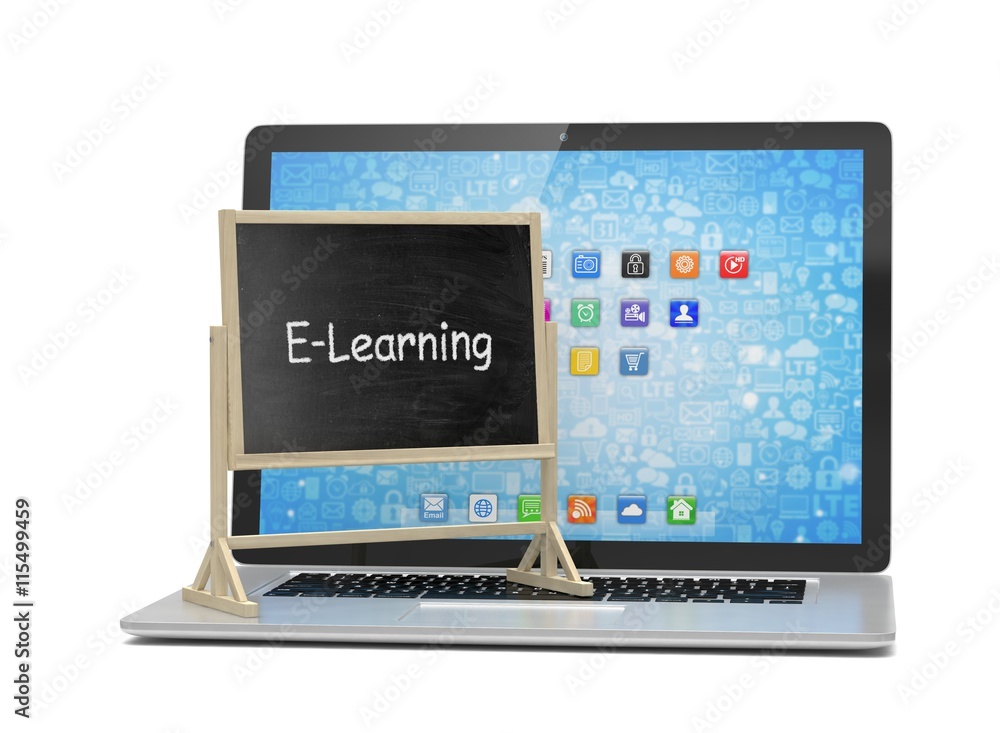Laptop with chalkboard, e-learning, online education concept. 3d rendering. Laptop with chalkboard, e-learning, online education concept. 3d rendering.