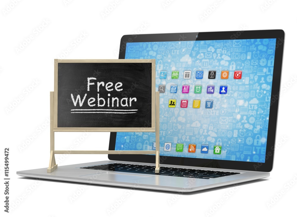 Laptop with chalkboard, free webinar, online education concept. 3d rendering.