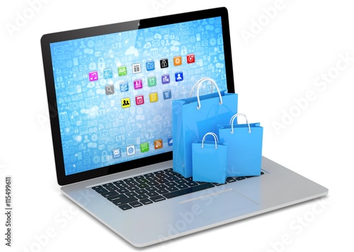 Wallpaper Mural laptop and  shopping pags on white background. 3d rendering. Torontodigital.ca