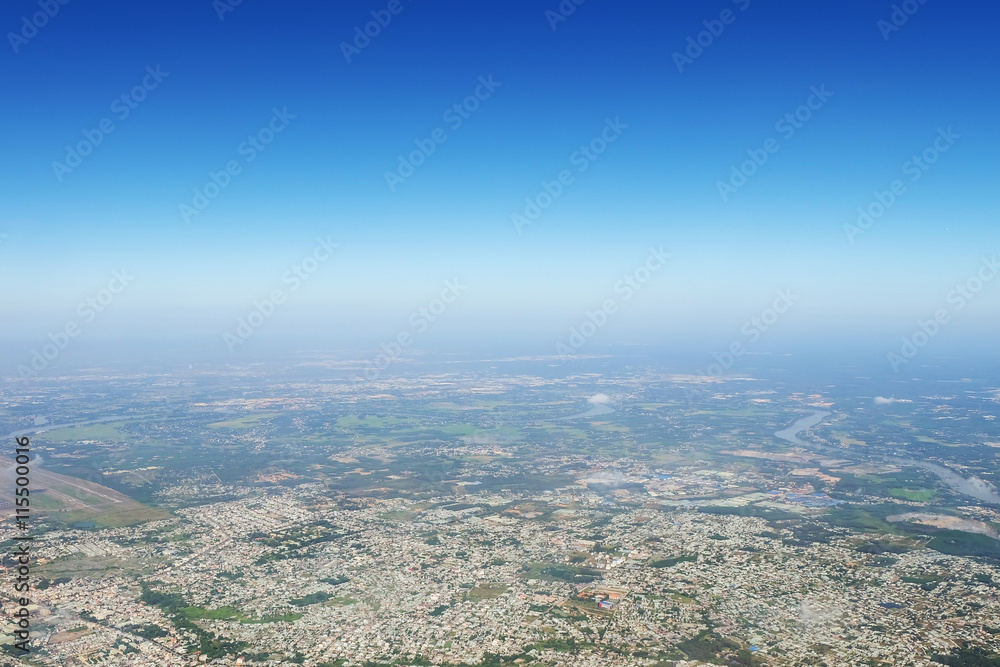 Fototapeta premium aerial view, clear blue sky above the city