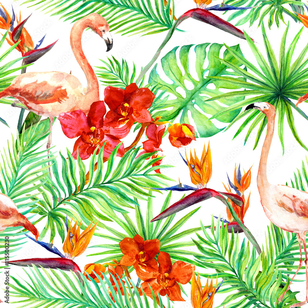 Obraz premium Flamingo, tropical leaves and exotic flowers. Seamless jungle pattern. Watercolor