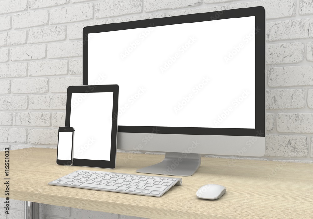 Responsive mockup screen. Monitor, tablet, phone on table in office. 3d rendering. Responsive mockup screen. Monitor, tablet, phone on table in office. 3d rendering.