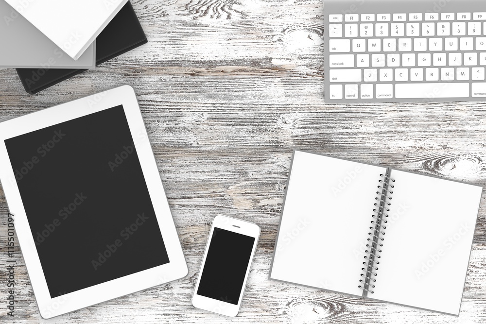 Office workplace set on wooden grey table. Pc, tablet, smartphone, notebook, stationery, glasses, cup of coffee. Office workplace set on wooden grey table. Pc, tablet, smartphone, notebook, stationery, glasses, cup of coffee.