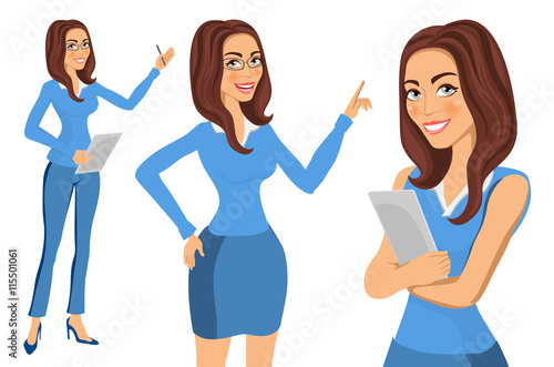 Vector illustration of business lady or professor in formal blue clothes isolated on white. Brunette woman holding document .