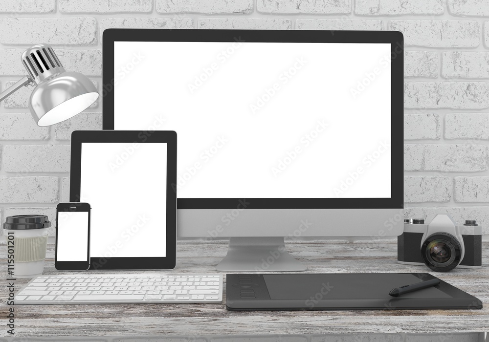 Responsive mockup screen. Monitor, tablet, phone on table in office. 3d rendering. Responsive mockup screen. Monitor, tablet, phone on table in office. 3d rendering.
