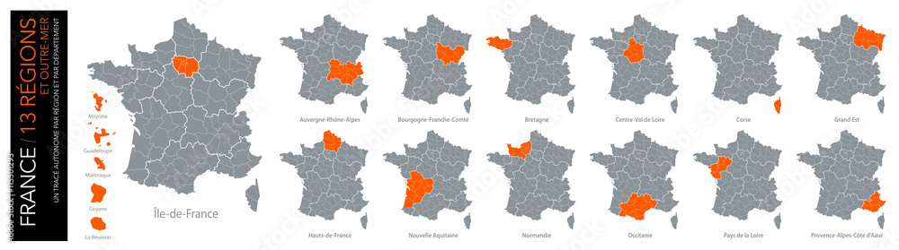 Carte de France / 13 régions et outre-mer avec départements (un tracé ...