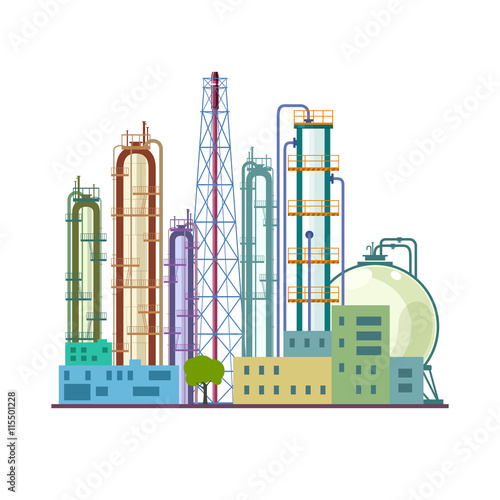 Chemical Plant Isolated on White Background, Refinery Processing of Natural Resources, Industrial Pipes and Tanks, Vector Illustration