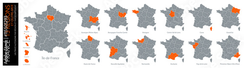 Carte de France / 13 régions et outre-mer avec départements (un tracé autonome par zone) photo
