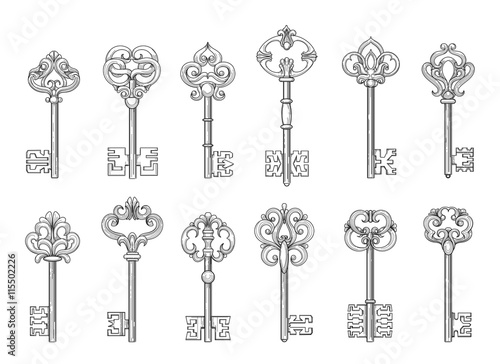 Vintage keys or victorian chaves line icons on white backgroud. Vector illustration