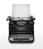 Classic typewriter and empty page against white background. Clipping path.