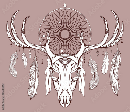 Illustration of a deer skull with antlers, dreamcatcher and feathers with boho pattern. Vector doodle element for printing on T-shirts, tattoo sketch, postcards and your creativity