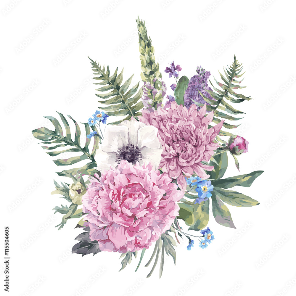Vintage floral greeting card with anemones